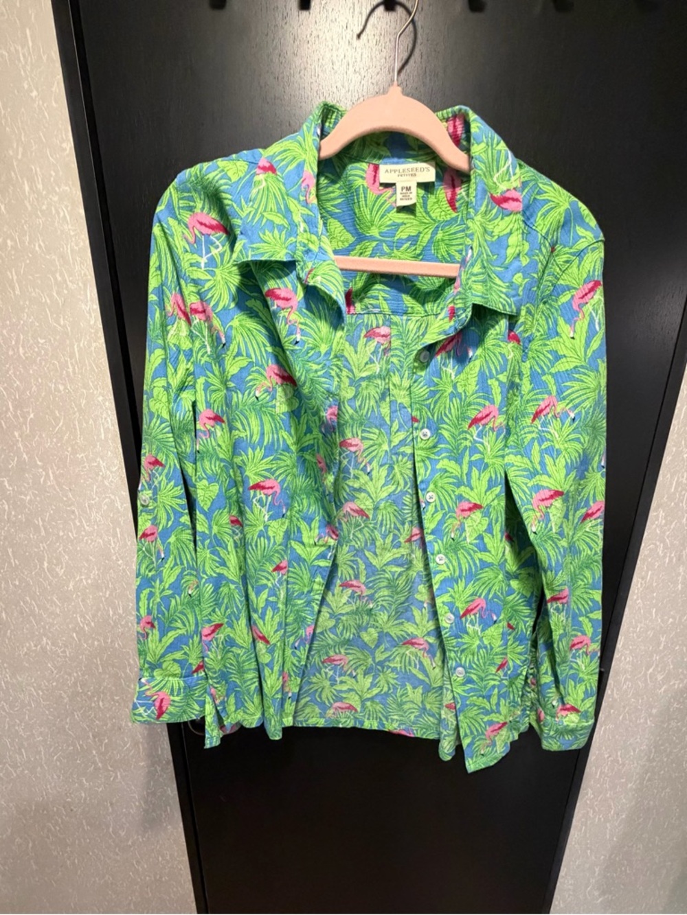 Appleseed's Green Tropical Print Jean Jacket with Pink Accents
